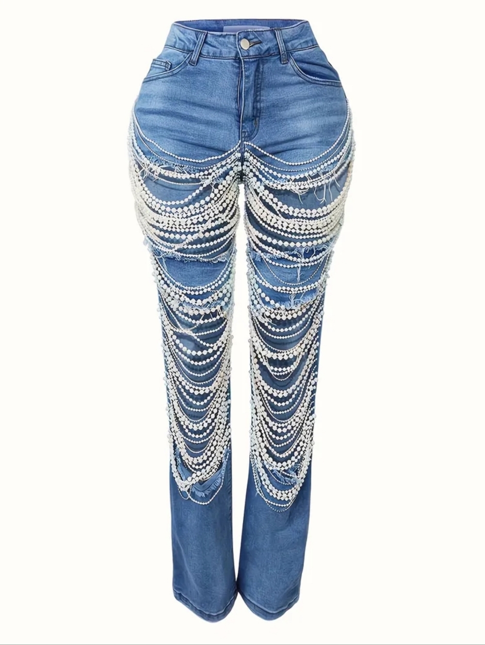 Light Blue Pearl-Embellished Distressed Women's Jeans - Picture 9 of 9